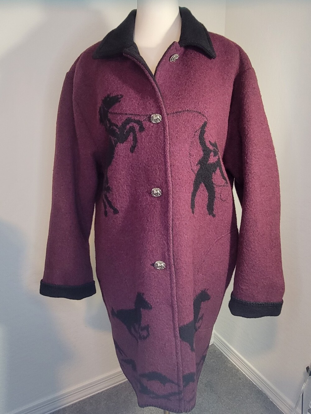 Vintage Wooded River Wool Blend Coat Women's Large Western Rodeo Horses